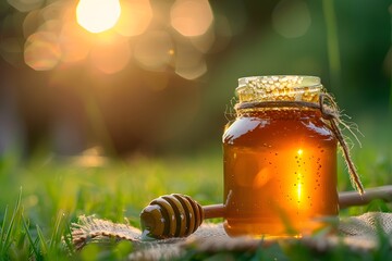 Honey Jar with Dipper on Grass at Sunset
