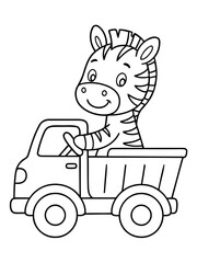 Fototapeta premium Zebra Truck Adventure: An adorable zebra embarks on a journey, joyfully navigating a miniature truck, ready for playful exploration and imagination.