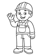 Obraz premium Construction Worker's Greeting: A friendly construction worker, with a hard hat and overalls, waves in a welcoming gesture, conveying professionalism, service and expertise in the building trade.