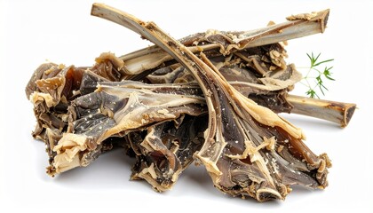Pile of dried meat jerky strips isolated on white background