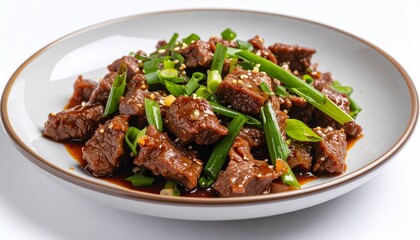 Fototapeta premium Spicy mongolian beef stir fry with green onions and garlic