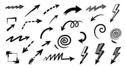 A collection of various black hand-drawn arrows and symbols on a white background