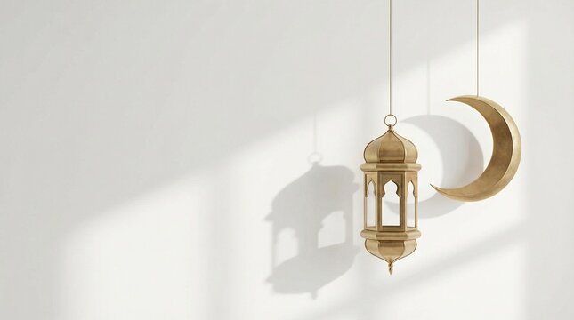 Minimal Ramadan background with a single Islamic lantern and crescent moon, clean white background, soft natural shadow