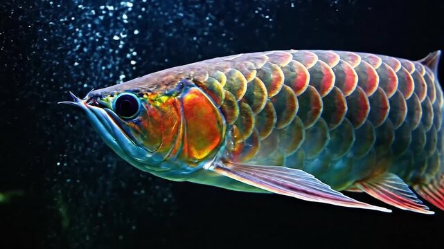 Exotic Asian Arowana Fish Underwater Close Up With Bubbles.