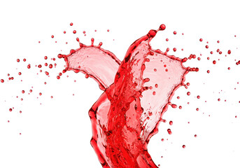 Vivid red fruit juice splash, translucent, dynamic curves, arcs, suspended droplets against a transparent studio background, concept for refreshing beverage advertising