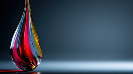 Translucent Liquid Drop with Striking Red Orange and Blue Hues on Dark Gray Background with Studio Lighting for Artistic Impact