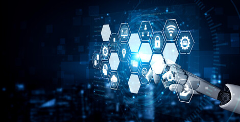 Obraz premium AI managing integrated business system, analyzing data, securing digital infrastructure, connecting intelligent platforms, and optimizing enterprise operations. Vouch