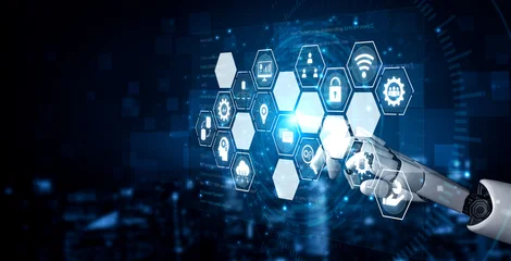 Fotobehang Sportwinkel AI managing integrated business system, analyzing data, securing digital infrastructure, connecting intelligent platforms, and optimizing enterprise operations. Vouch  © InfiniteFlow