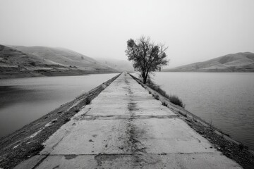 A solitary bare tree stands on a concrete dam overlooking a vast, still lake.