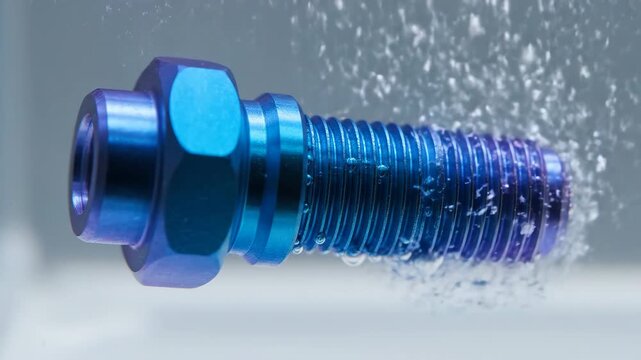 Shiny Metal Bolt Submerged in Water Emitting Bubbles in Soft Blue Lighting Against a Gradient Gray Background Detailed Macro Shot Showing Thread Texture and Hexagonal Head with Water Droplets