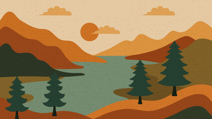 Nature Texture Background Flat Landscape with Mountains and Forest.Vector Illustration