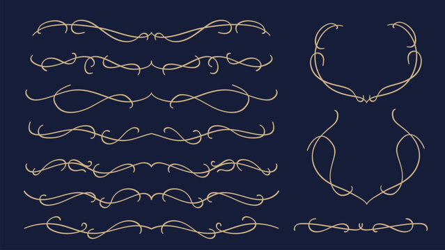 Hand Drawn Vintage Line Divider Collection Isolated on Navy Blue Background.Vector Illustration