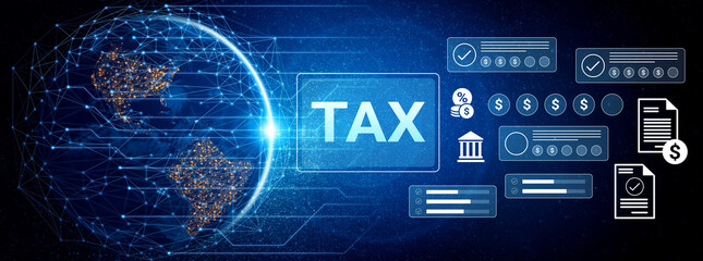 Visual representation of a global tax system with financial elements, showing digital networks, data trends, and abstract money management concepts for businesses. Gantry