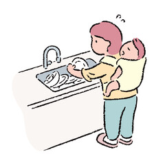 手描きのおんぶをして家事をする母親