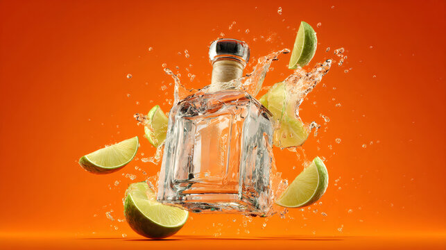 Clear tequila bottle with water splash and lime slices. Drink mockup for beverage product advertisement. Creative alcohol photography.