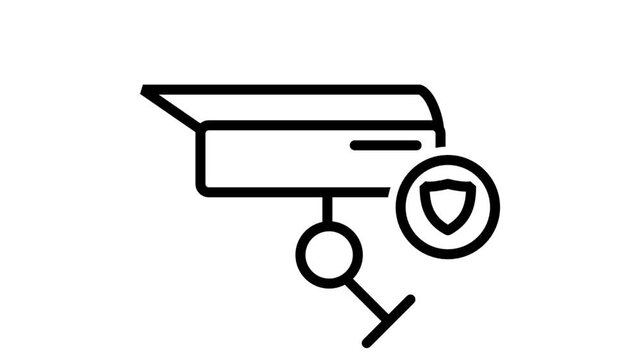Secure Surveillance line animation. Professional security camera integrated with a shield icon for enhanced protection, surveillance monitoring, and safety systems.