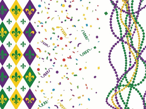 Mardi gras theme with fleurdelis, confetti, and beaded necklaces