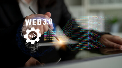 The concept of Web 3.0 development and decentralized data processing. The flow of binary code and information in the next generation internet. Motif