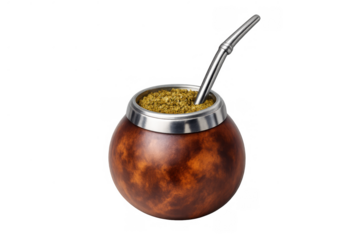 Yerba mate traditional south american beverage in a wooden gourd with bombilla straw, healthy herbal tea