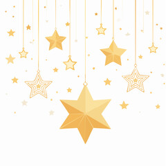 Golden stars hanging on strings with scattered smaller stars on a white background, creating a festive and celebratory design.