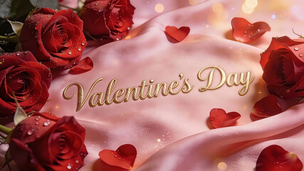 A breathtakingly romantic Valentine's Day background featuring the text Valentine's Day written in elegant, raised gold foil calligraphy centered on a luxurious surface. 