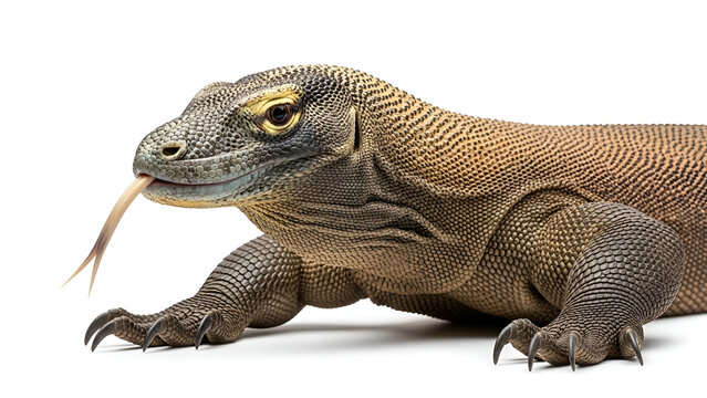 Komodo dragon isolated on white background, the world&rsquo;s largest lizard with detailed scales and forked tongue, representing wildlife, nature, and Indonesian biodiversity.