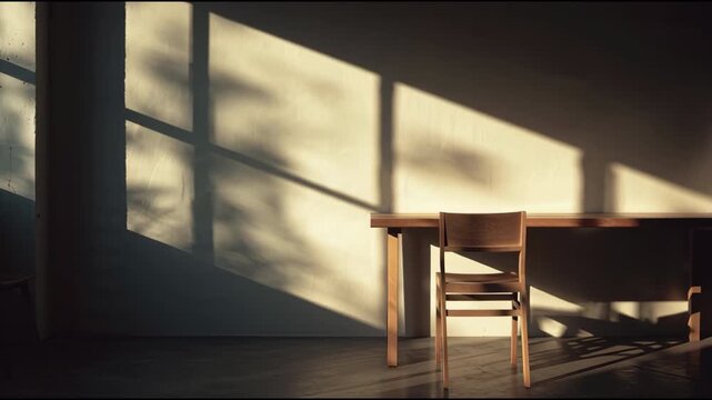 A serene wooden table stands illuminated by soft natural light filtering through large windows in a peaceful indoor setting viewed from a corner perspective.