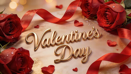 A Valentine's Day background featuring the text Valentine's Day written in elegant, 3D gold cursive typography resting on a luxurious surface, surrounded by fresh deep red roses. 