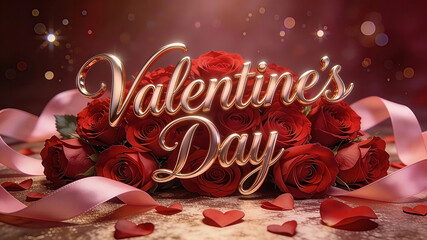 A Valentine's Day background featuring the text Valentine's Day written in elegant, glossy 3D rose-gold calligraphy script centered in the frame. Valentine's Day, Happy Valentine's Day