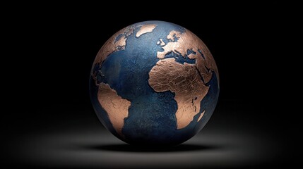 Globe with Intricate Blue and Copper Texture in Dramatic Lighting on Dark Background