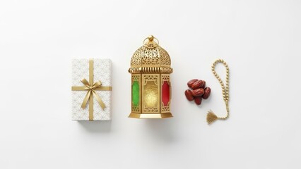 A traditional golden ramadan lantern is centrally displayed, flanked by a patterned gift box and dates, captured in a clean flat lay composition on a bright white background, evoking a spiritual mood.