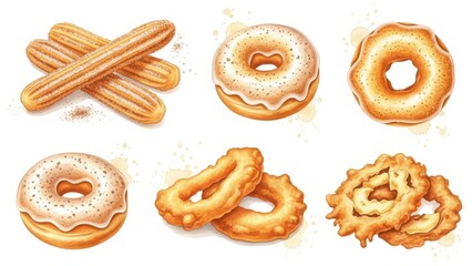 An appetizing collection of six golden brown fried dough pastries, including churros and glazed donuts, displayed in a detailed watercolor illustration on a clean white background.
