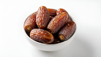 Ripe dates served in a white bowl isolated on white background, sweet and nutritious dried fruit commonly eaten for iftar during Ramadan.