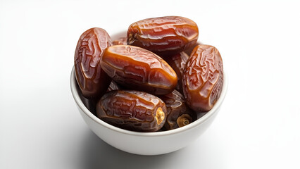 Ripe dates served in a white bowl isolated on white background, sweet and nutritious dried fruit commonly eaten for iftar during Ramadan.