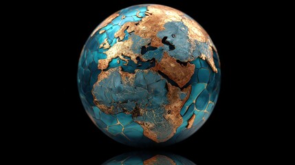 Abstract Globe with Blue and Gold Tones on Black Background Illustrating Global Interconnectivity and Digital Network Concepts