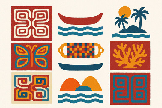 Guna Yala culture vector icons with mola textile canoe coral islands and beaded bracelets