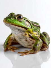 Fototapeta premium A green frog is sitting on a white surface