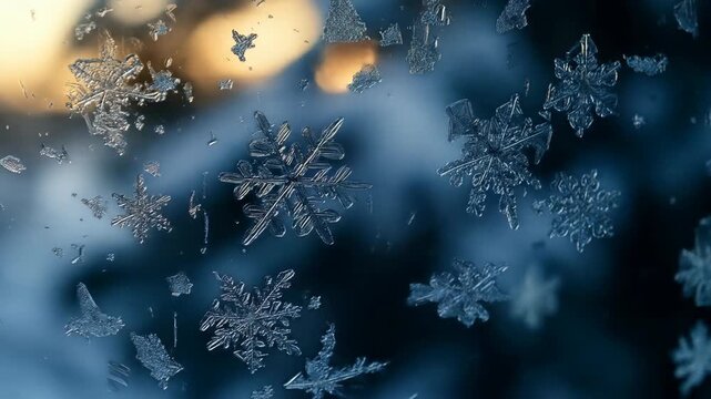 Close up of intricate snowflakes patterns against soft blurry background