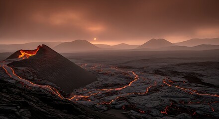 Volcanic Eruption at Sunset Fiery Lava Flows Across a Dramatic, Arid Landscape Under a Hazy Sky