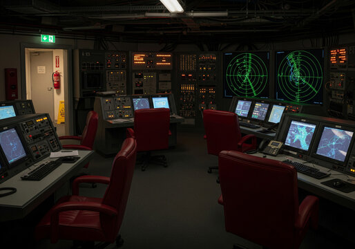 Dark command center room with glowing map tables and radar screens.