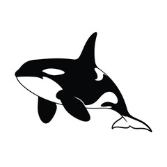 Obraz premium A black silhouette of a sea animal orca swimming against a clean white background, showcasing its distinctive fin and tail.