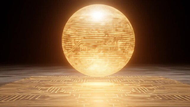 Glowing sphere over circuit board pattern suggesting futuristic technology