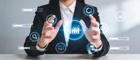 デジタル指先で操作する女性の可視化データ空間