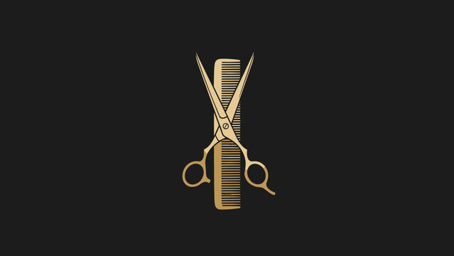 A close-up shot of a pair of golden scissors resting on a golden comb against a black background.