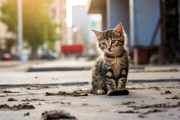 Dirty and ill kitten looking up from a dirty street. Stray animal seeking help or new home. Vulnerable pet animal adoption concept.