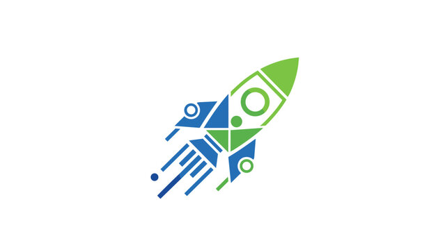 A modern, geometric rocket icon in blue and green, depicting upward motion and technological progress.