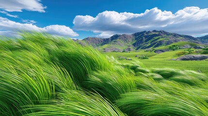 Lush Green Grass in Rolling Hills Under Bright Blue Sky with Fluffy Clouds in a Beautiful Natural Landscape during Daylight Time with Scenic View