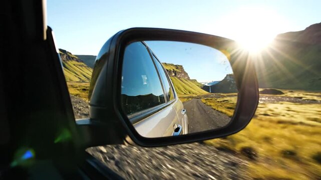 Car side mirror view of scenic landscape.