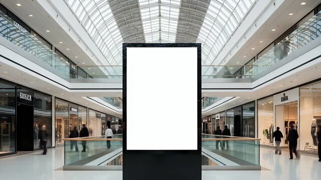A large blank advertising billboard stands in a modern shopping mall with sleek glass storefronts and a busy walkway, capturing the vibrant atmosphere of retail commerce and marketing opportunities.