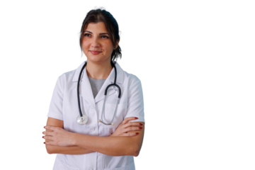 Female doctor with stethoscope wearing a lab coat, arms crossed, on a transparent background, representing confidence and healthcare